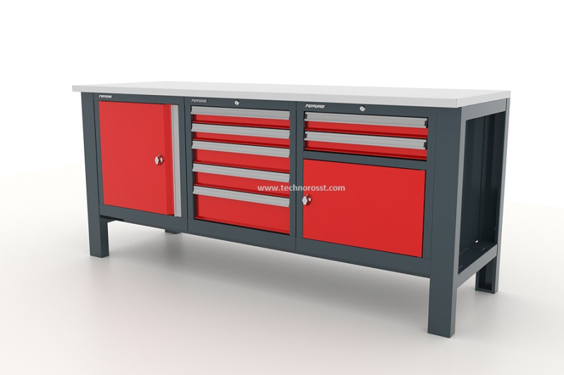 Верстак с тремя тумбами: с дверью, с 5 ящиками, с 2 ящ. и дверью "Premium" FERRUM 11.41520-3000красн